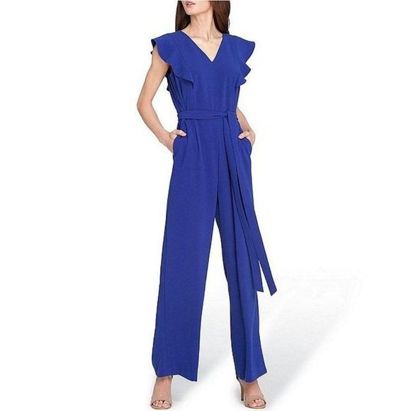T Tahari ASL Flutter Ruffle Tie=Waist Jumpsuit 8 - Picture 1 of 8